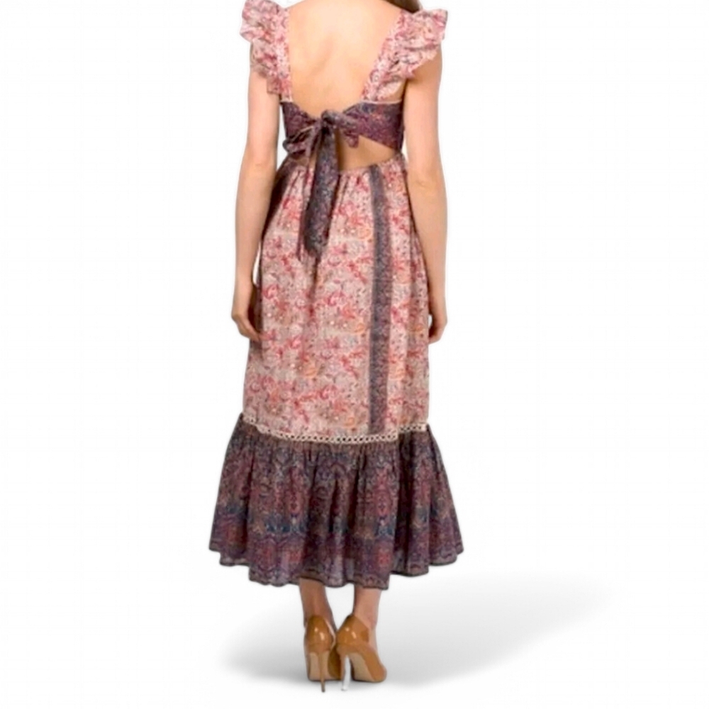 Haute Hippie Boho Cotton Paisley Ruffle Flutter Sleeve Maxi Dress Tie Back Sz 14